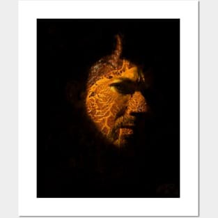 Portrait, digital collage and special processing. Devil face, side. Horn and lava texture. Yellow and green. Posters and Art